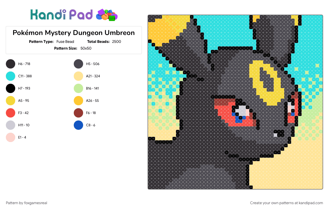 Pokémon Mystery Dungeon Umbreon - Fuse Bead Pattern by foxgamesreal on Kandi Pad - black, gaming, light blue, mini fuse beads, pokemon, pokemon mystery dungeon, pokemon sprite, sprite, umbreon, wall art, yellow