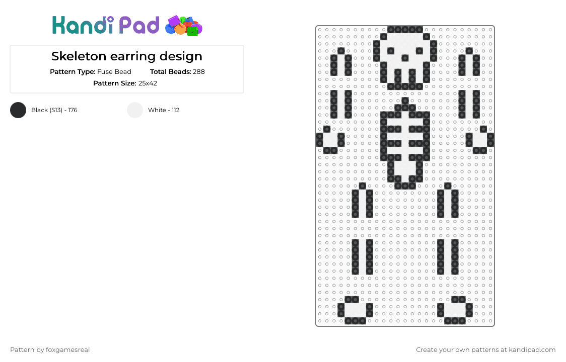 Skeleton earring design - Fuse Bead Pattern by foxgamesreal on Kandi Pad - white,black,skeleton,earrings,fuse beads,mini fuse beads,assembly required,non beads required