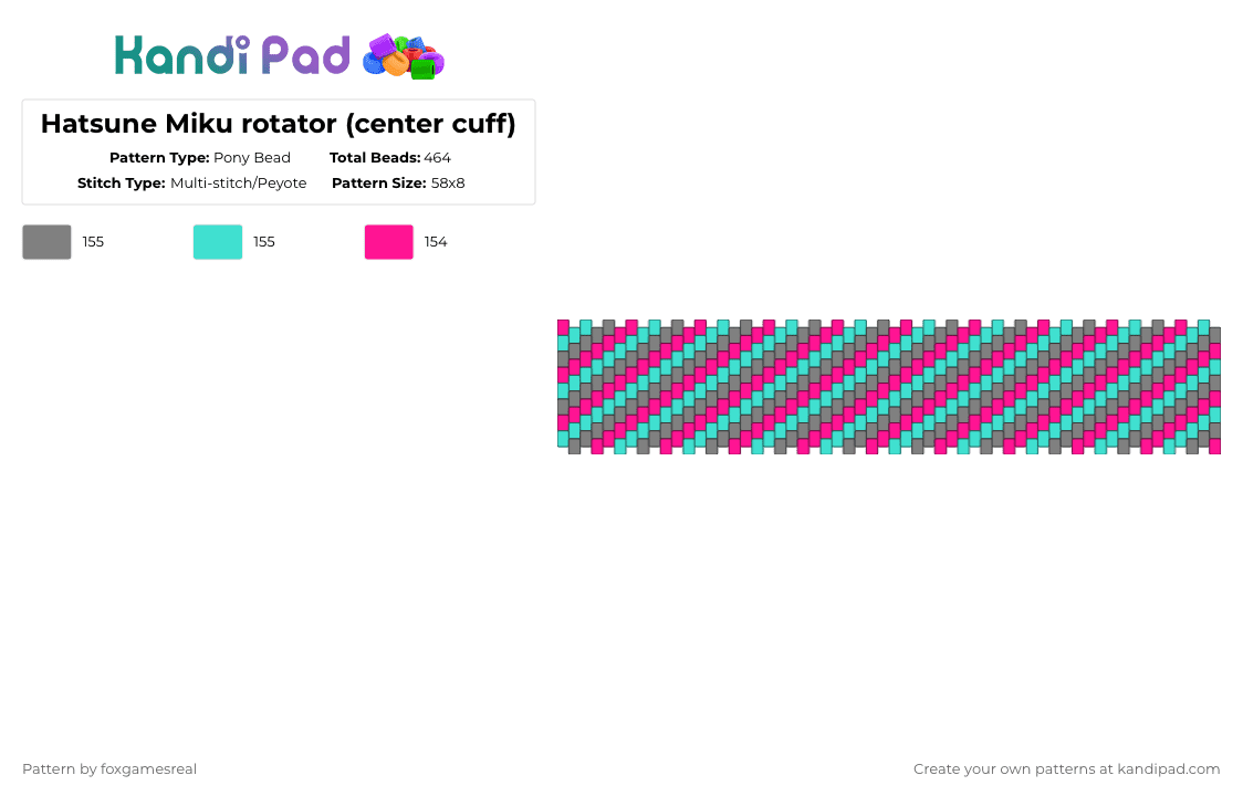 Hatsune Miku rotator (center cuff) - Pony Bead Pattern by foxgamesreal on Kandi Pad - gray,light blue,pink,hatsune miku,miku,rotator,part 2,multipart