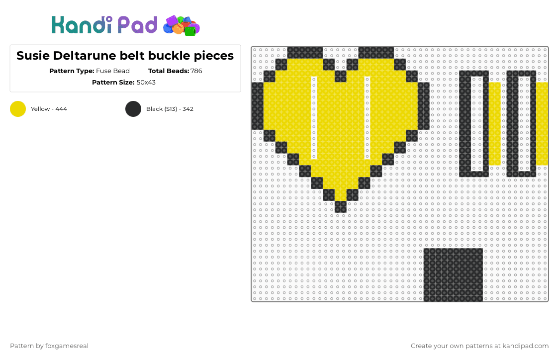 Susie Deltarune belt buckle pieces - Fuse Bead Pattern by foxgamesreal on Kandi Pad - yellow,black,cosplay,deltarune,susie,heart,assembly required