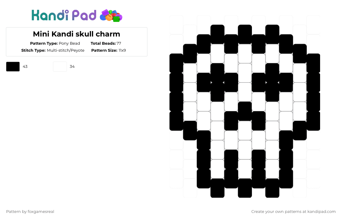 Mini Kandi skull charm - Pony Bead Pattern by foxgamesreal on Kandi Pad - black,white,halloween,mini,spooky,skeleton,skull,peyote,charm