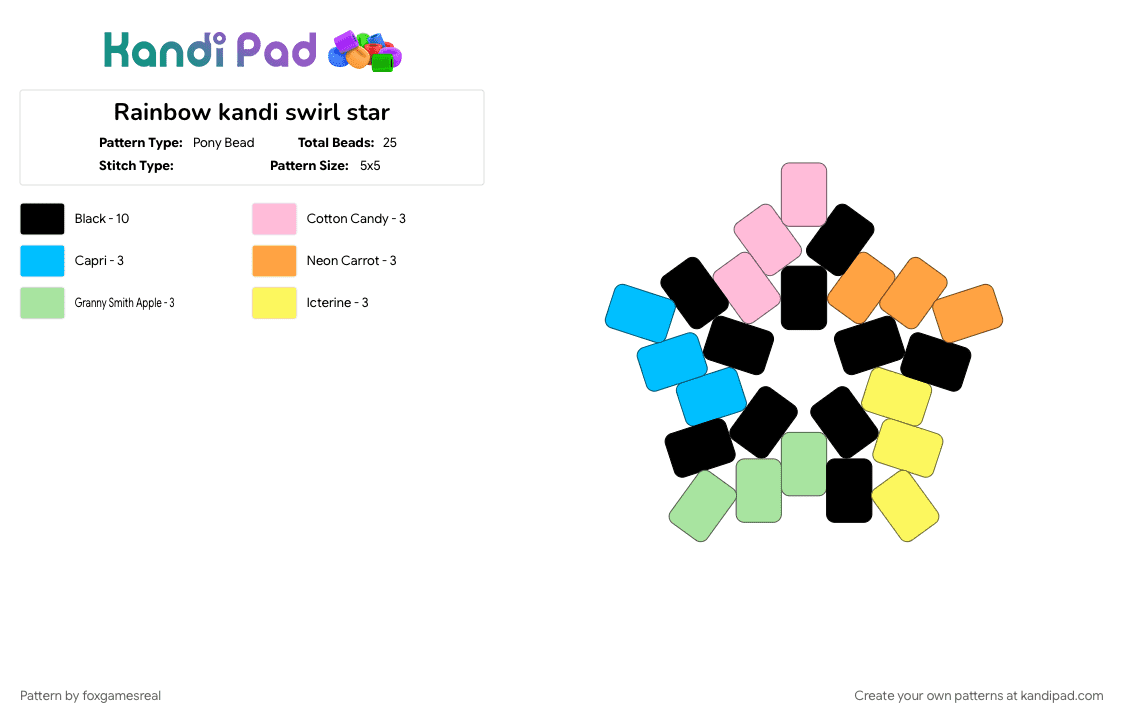 Rainbow kandi swirl star - Pony Bead Pattern by foxgamesreal on Kandi Pad - charm, colorful, kandi star, light blue, pony beads, rainbow, small, swirl, teal