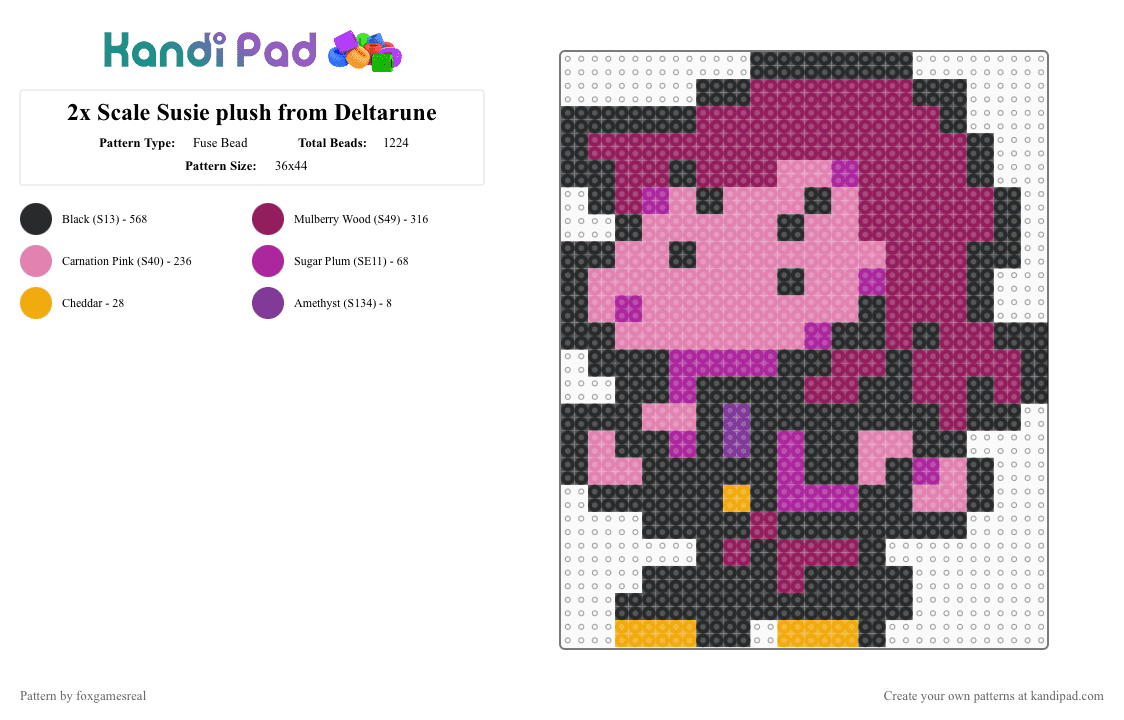 2x Scale Susie plush from Deltarune - Fuse Bead Pattern by foxgamesreal on Kandi Pad - charm, deltarune, deltarune chapter 5, mini fuse beads, pink, scaled up, susie, susie deltarune, utdr