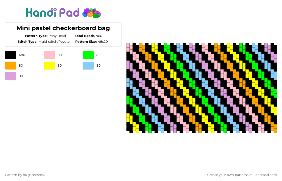 Mini pastel checkerboard bag - Pony Bead Pattern by foxgamesreal on Kandi Pad - black,pink,checkered,checkerboard,pastel rainbow,scenecore,pastel,rainbow,kandi bag,bag
