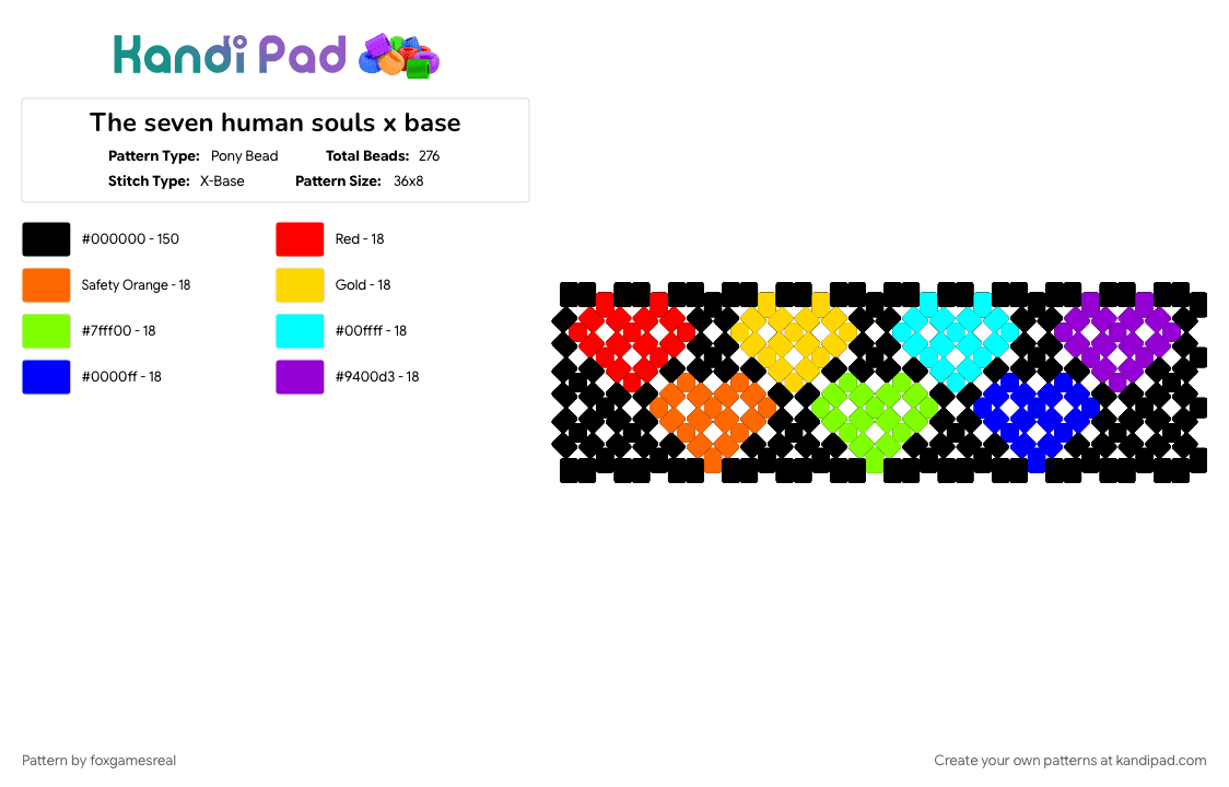 The seven human souls x base - Pony Bead Pattern by foxgamesreal on Kandi Pad - black, cuff, heart, purple, rainbow, undertale, undertale souls, x base