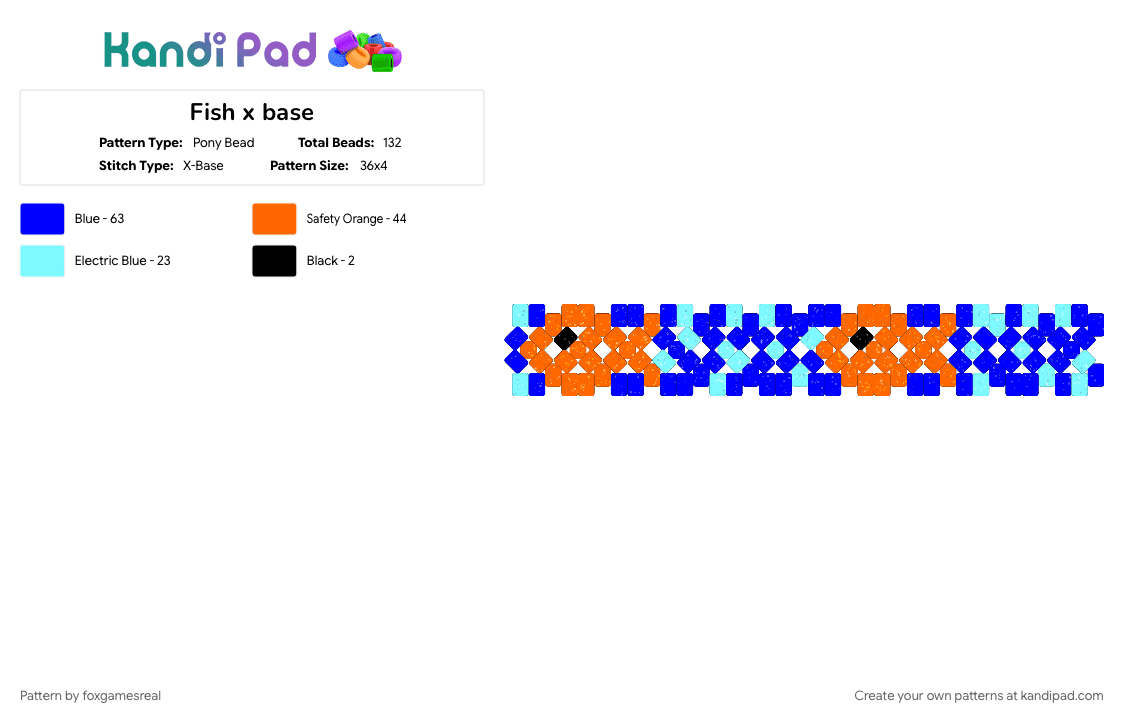 Fish x base - Pony Bead Pattern by foxgamesreal on Kandi Pad - animal, cuff, cute, fish, glitter beads, ocean, orange, purple, x base