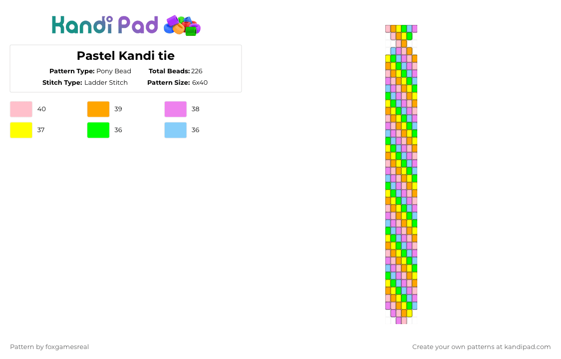 Pastel Kandi tie - Pony Bead Pattern by foxgamesreal on Kandi Pad - pink,tie,rainbow,multicolor,ladder stitch,pastel