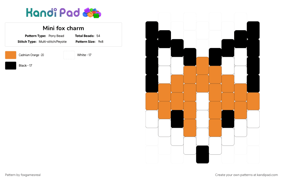 Mini fox charm - Pony Bead Pattern by foxgamesreal on Kandi Pad - animal, charm, cute, easy, fox, orange, pony beads, small, white