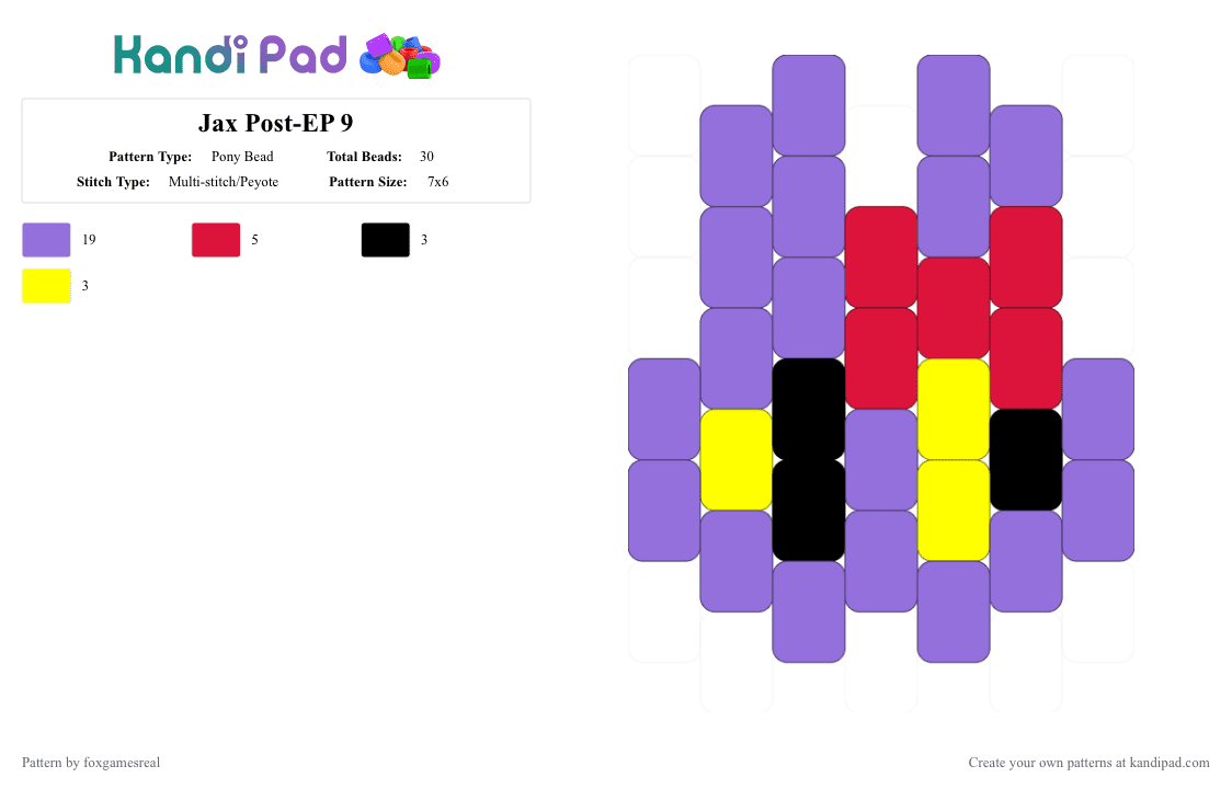 Jax Post-EP 9 - Pony Bead Pattern by foxgamesreal on Kandi Pad - purple,jax,tadc,the amazing digital circus,pony beads,multistitch,charm,small