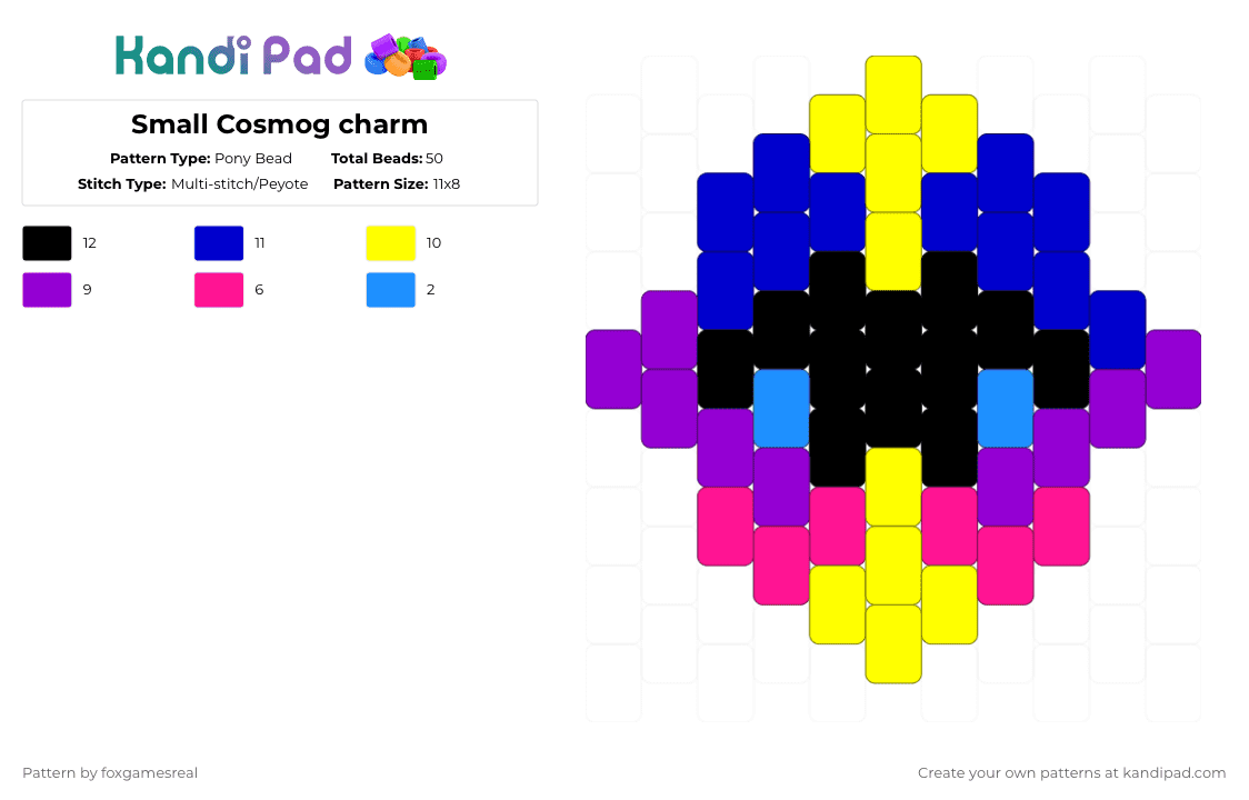 Small Cosmog charm - Pony Bead Pattern by foxgamesreal on Kandi Pad - yellow,purple,pokemon,cosmog,multistitch,small,easy,charm