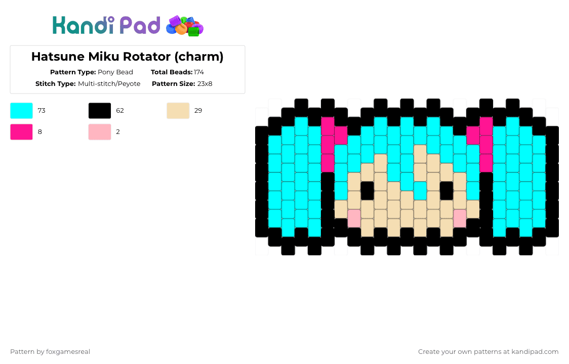 Hatsune Miku Rotator (charm) - Pony Bead Pattern by foxgamesreal on Kandi Pad - light blue,hatsune miku,miku,charm,rotator,multistitch,multipart,part 3