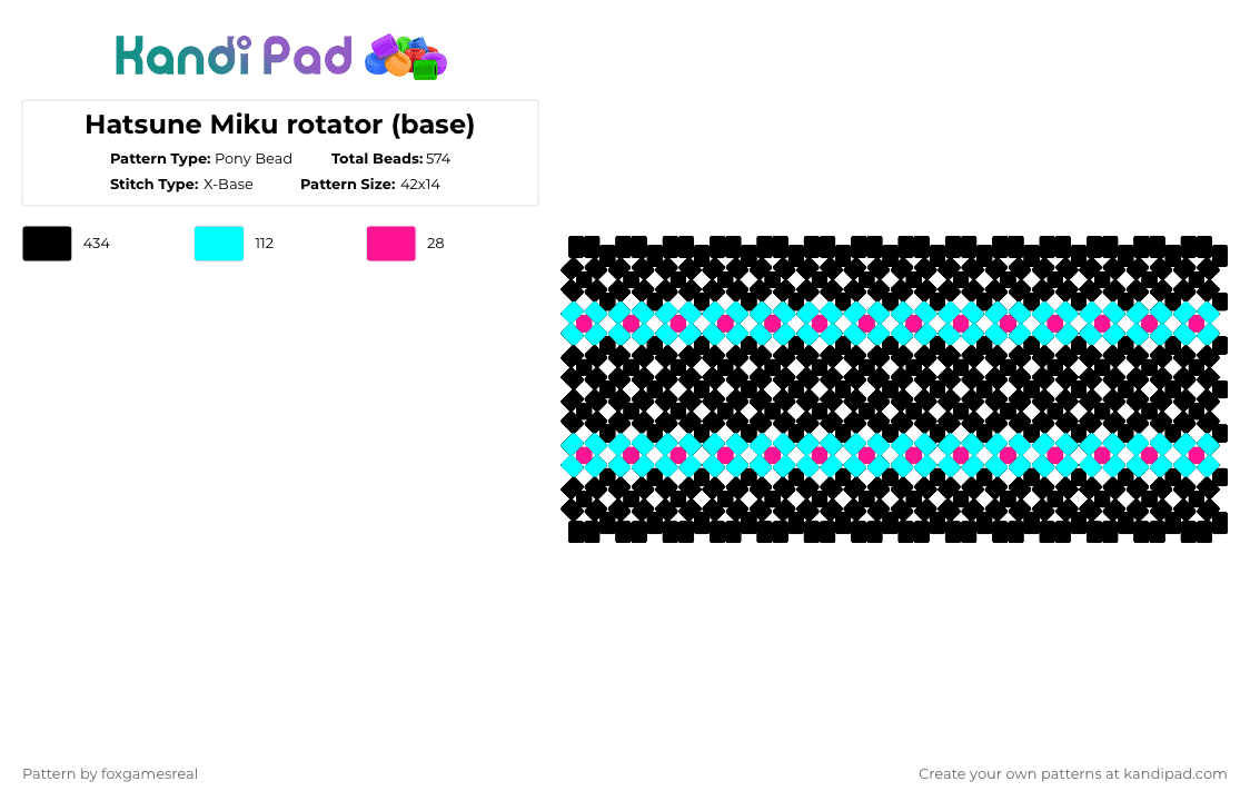 Hatsune Miku rotator (base) - Pony Bead Pattern by foxgamesreal on Kandi Pad - black,light blue,hatsune miku,miku,rotator,x base,part 1,multipart