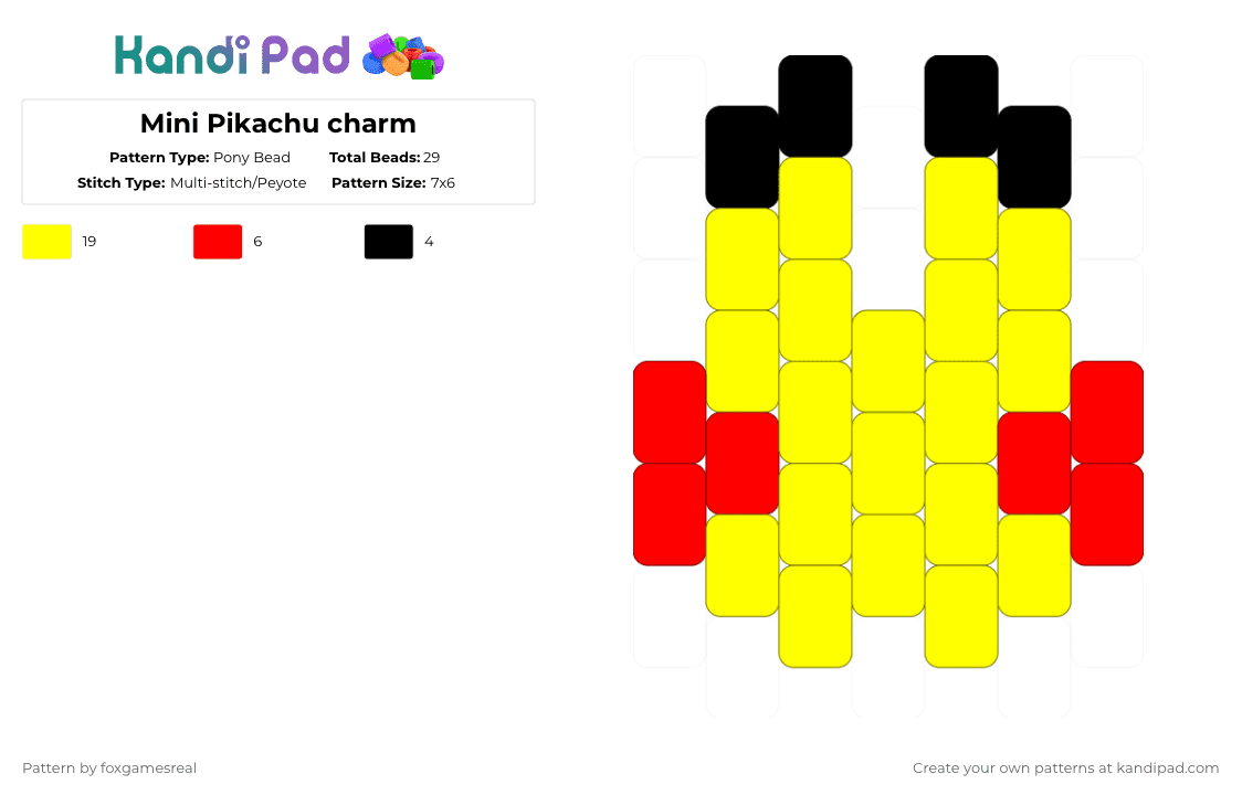 Mini Pikachu charm - Pony Bead Pattern by foxgamesreal on Kandi Pad - yellow,pokmon,pikachu,cute,charm,multistitch,small,mini,easy