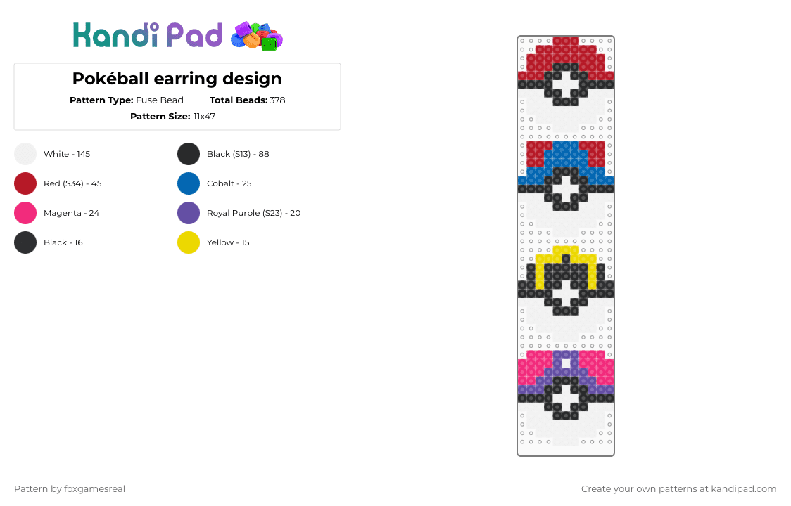 Pokéball earring design - Fuse Bead Pattern by foxgamesreal on Kandi Pad - white,red,blue,pink,pokemon,pokeball,great ball,ultra ball,master ball,fuse beads,easy,mini fuse beads