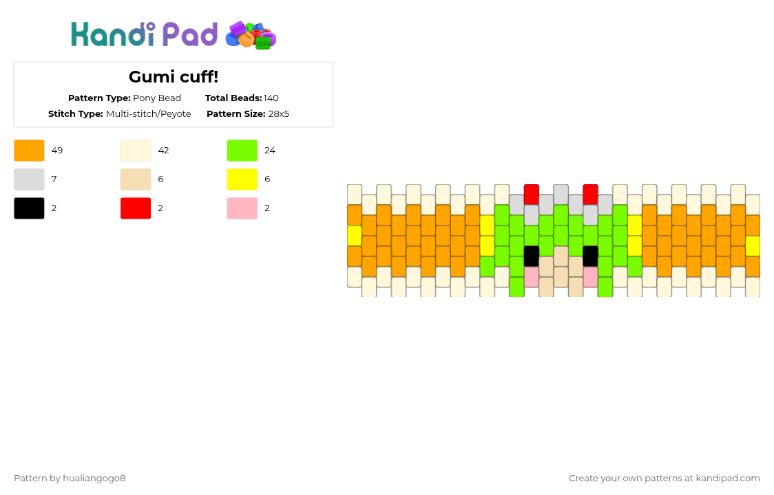 Gumi cuff! - Pony Bead Pattern by hualiangogo8 on Kandi Pad - green,orange,vocaloid