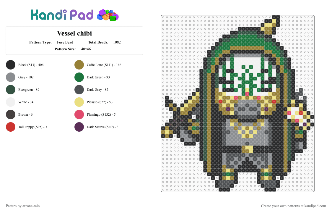 Vessel chibi - Fuse Bead Pattern by arcane-rain on Kandi Pad - gray,gold,green,vessel,sleep token,chibi