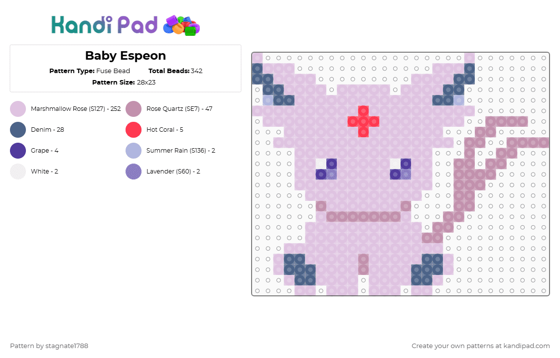 Baby Espeon - Fuse Bead Pattern by stagnate1788 on Kandi Pad - espeon,pokemon,character,creature,video game,anime,gaming,pink