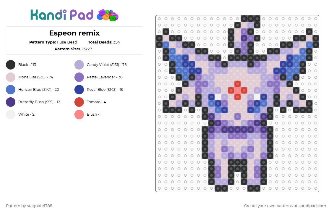 Espeon remix - Fuse Bead Pattern by stagnate1788 on Kandi Pad - pink,blue