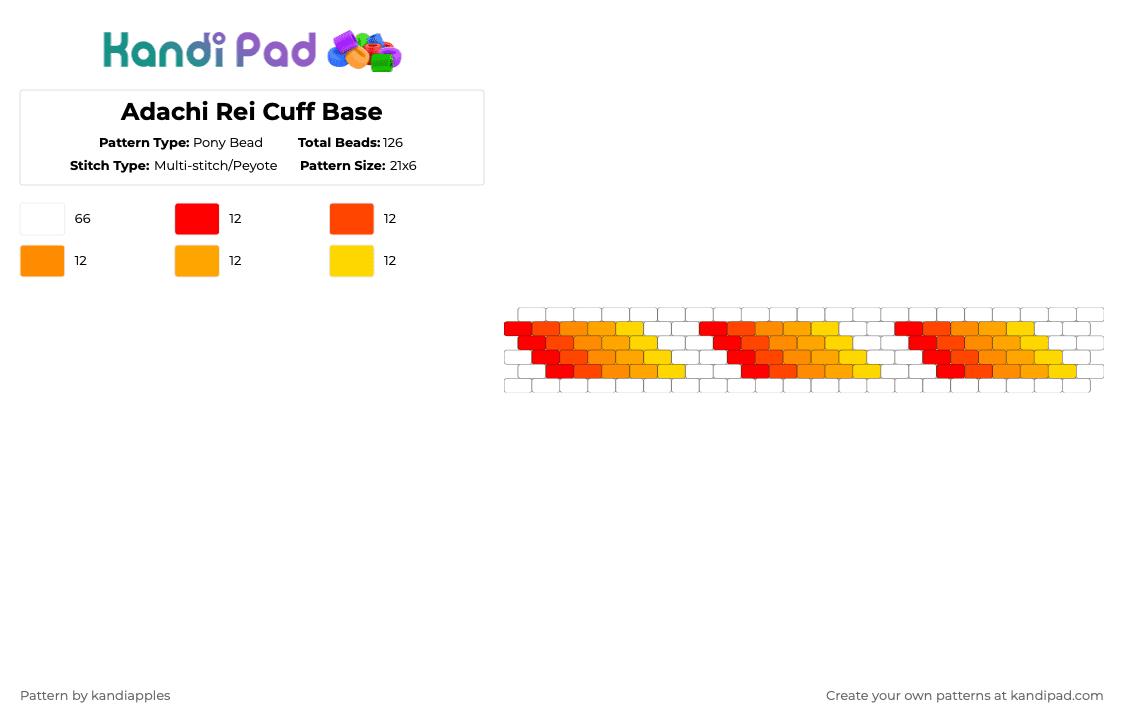 Adachi Rei Cuff Base - Pony Bead Pattern by kandiapples on Kandi Pad - white,red,orange