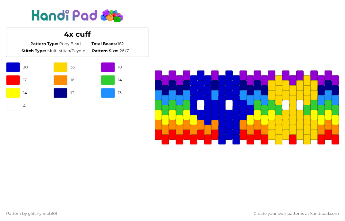 4x cuff - Pony Bead Pattern by glitchynoob101 on Kandi Pad - purple,yellow,bfdi,4x,object show,four,x,multistitch cuff