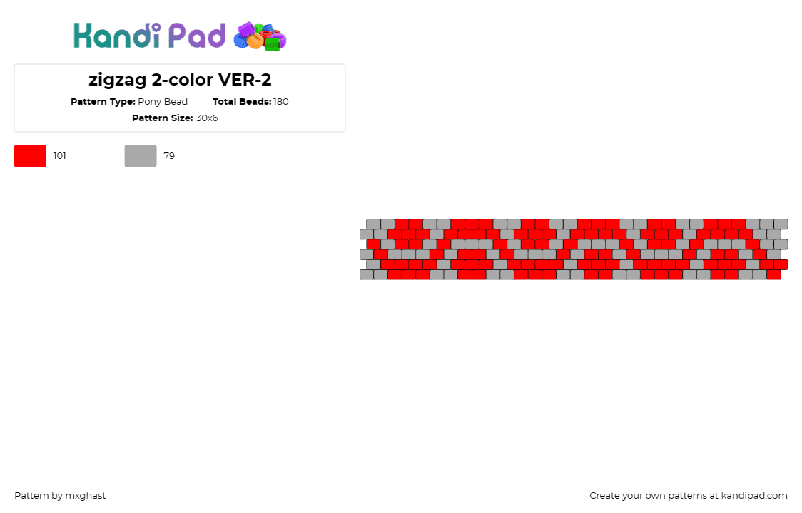 zigzag 2-color VER-2 - Pony Bead Pattern by mxghast on Kandi Pad - zigzag,geometric,bracelet,cuff,sleek,modern,stylish,red,gray