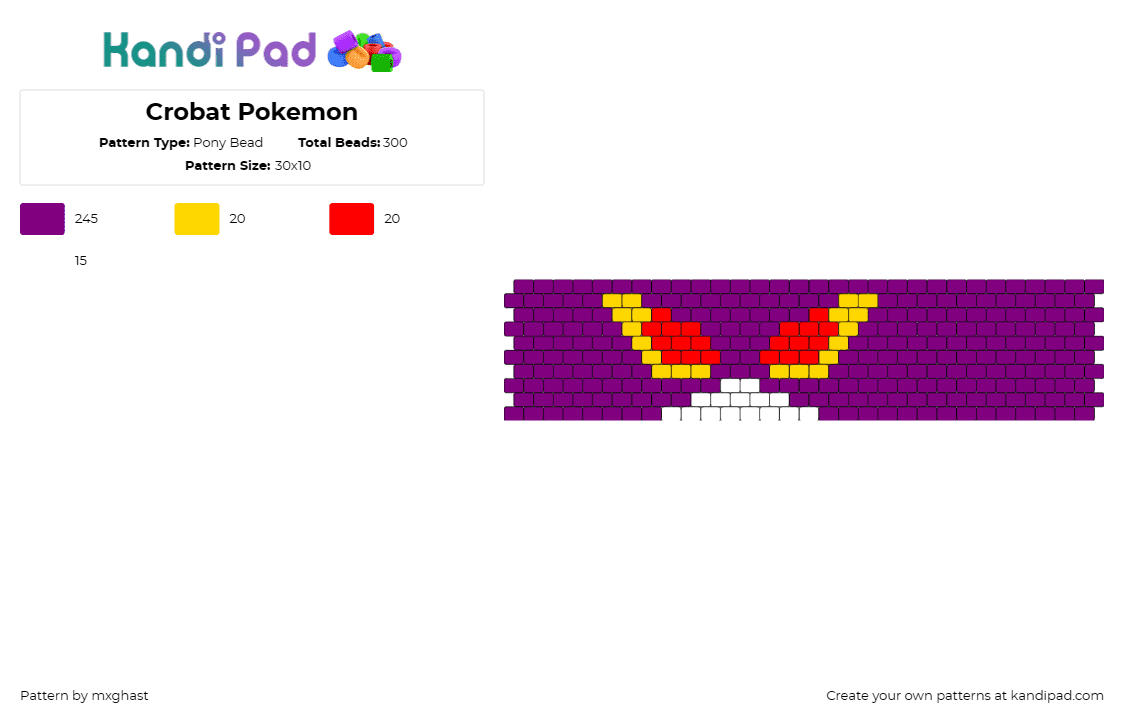 Crobat Pokemon - Pony Bead Pattern by mxghast on Kandi Pad - crobat,pokemon,cuff,adventure,trainer,creature,flying,animated,bat-like,purple