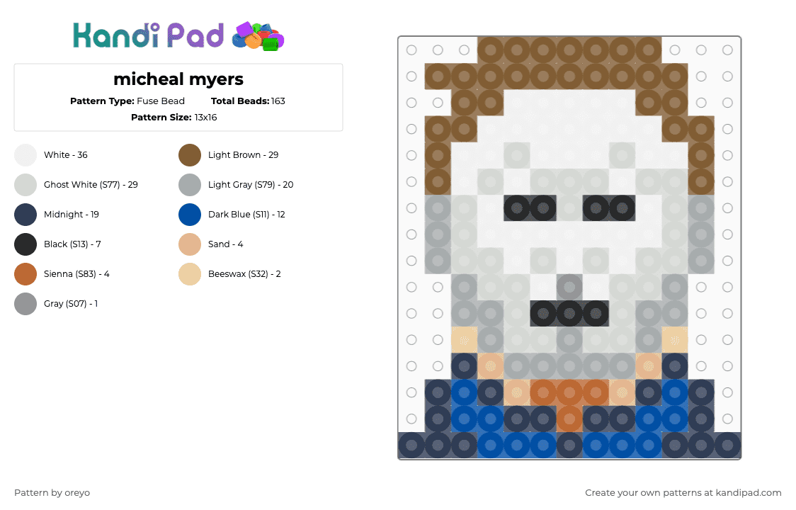 micheal myers - Fuse Bead Pattern by oreyo on Kandi Pad - michael myers,halloween,horror,slasher,movie,character,killer,holiday,spooky,white,tan,gray,purple