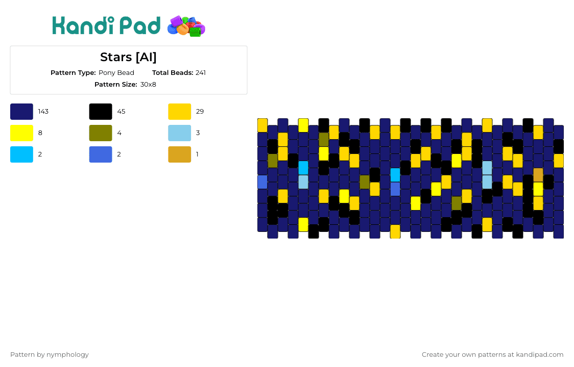 Stars [AI] - Pony Bead Pattern by nymphology on Kandi Pad - stars,night,dark,cuff,celestial,cosmic,twinkling,accessory,sky,blue,yellow,black