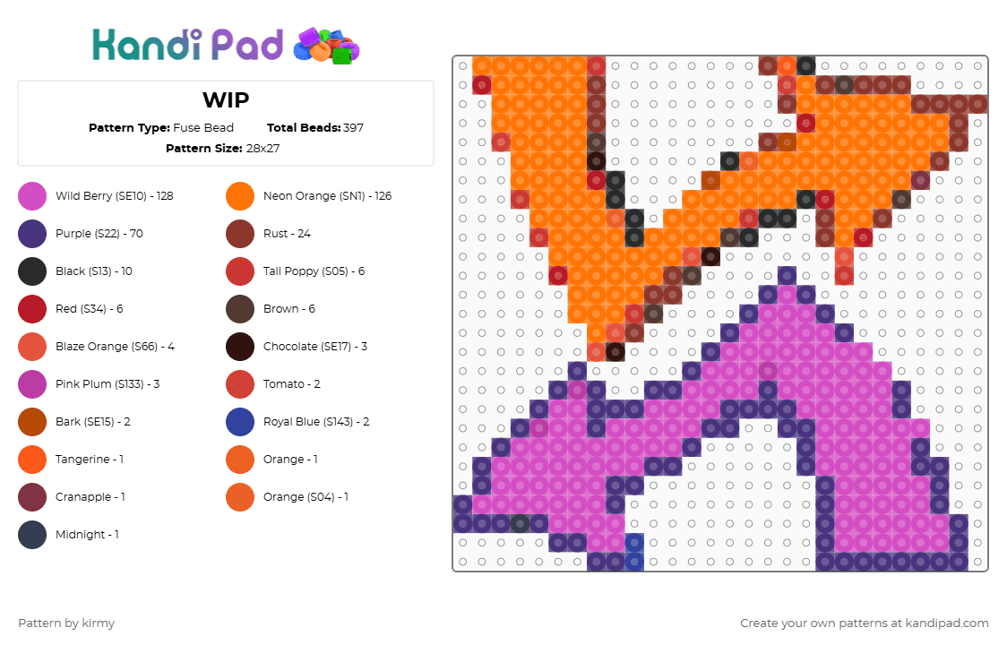 WIP - Fuse Bead Pattern by kirmy on Kandi Pad - orange,purple,pink