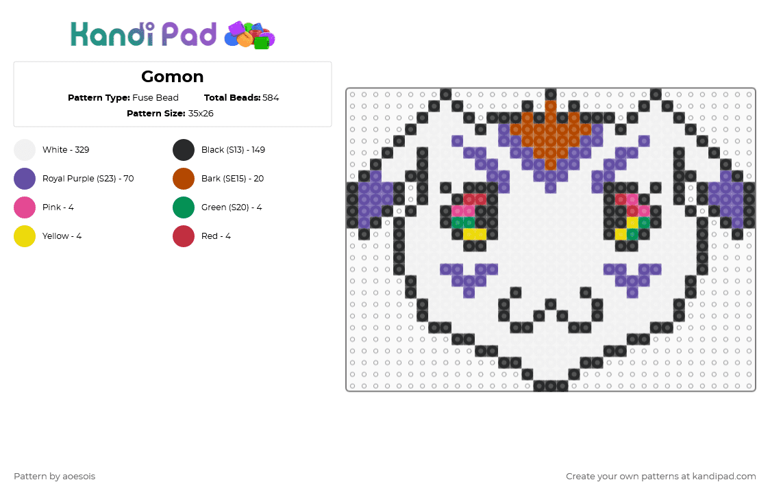 Gomamon - Fuse Bead Pattern by aoesois on Kandi Pad - anime, digimon, gomamon, purple, red, white
