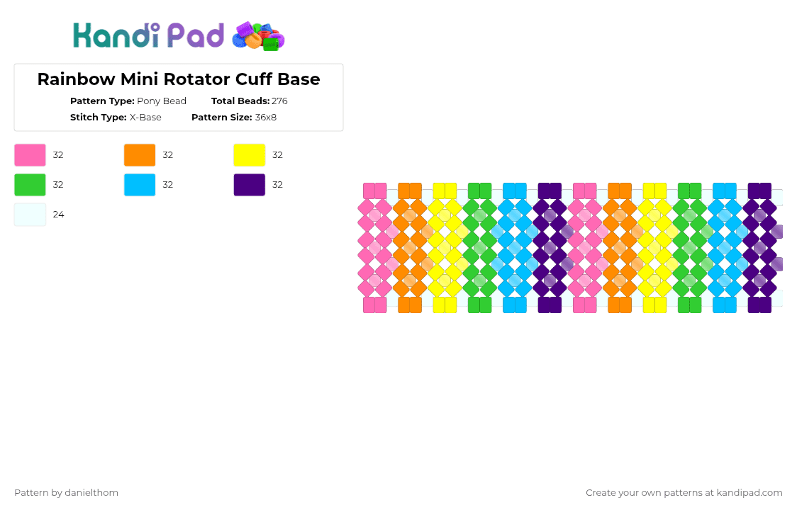 Rainbow Mini Rotator Cuff Base - Pony Bead Pattern by danielthom on Kandi Pad - orange,green,purple,colorful