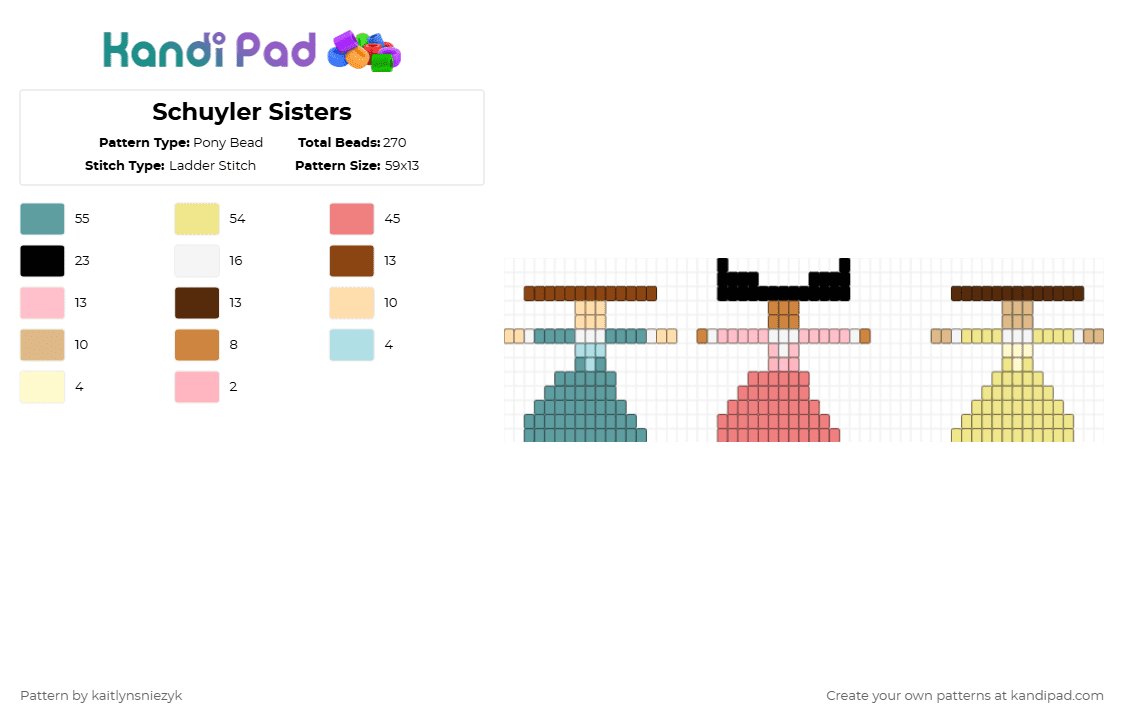Schuyler Sisters - Pony Bead Pattern by katiesnz on Kandi Pad - teal,red,yellow,hamilton,schuylersisters,peggy,angelica,eliza
