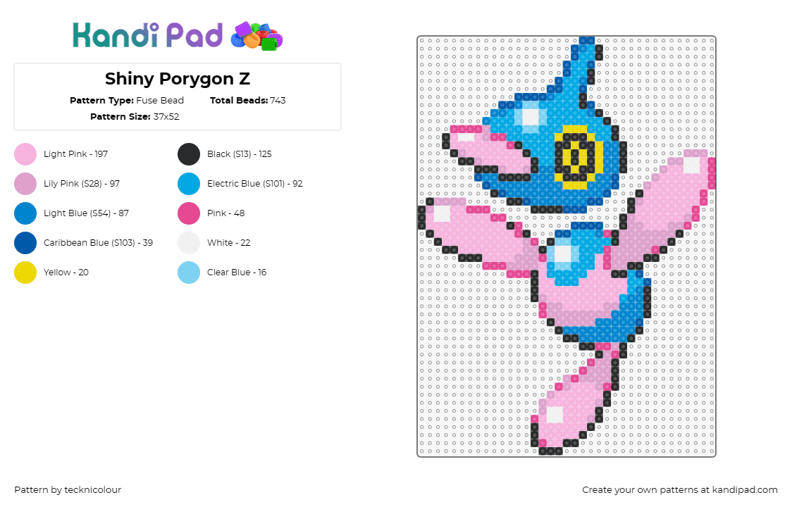 Shiny Porygon Z - Fuse Bead Pattern by tecknicolour on Kandi Pad - porygon,pokemon,shiny,gaming,character,creature,virtual,pink,blue