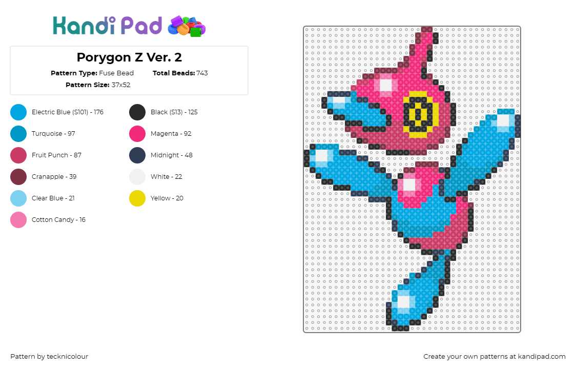 Porygon Z Ver. 2 - Fuse Bead Pattern by tecknicolour on Kandi Pad - porygon,pokemon,character,anime,gaming,pink,blue