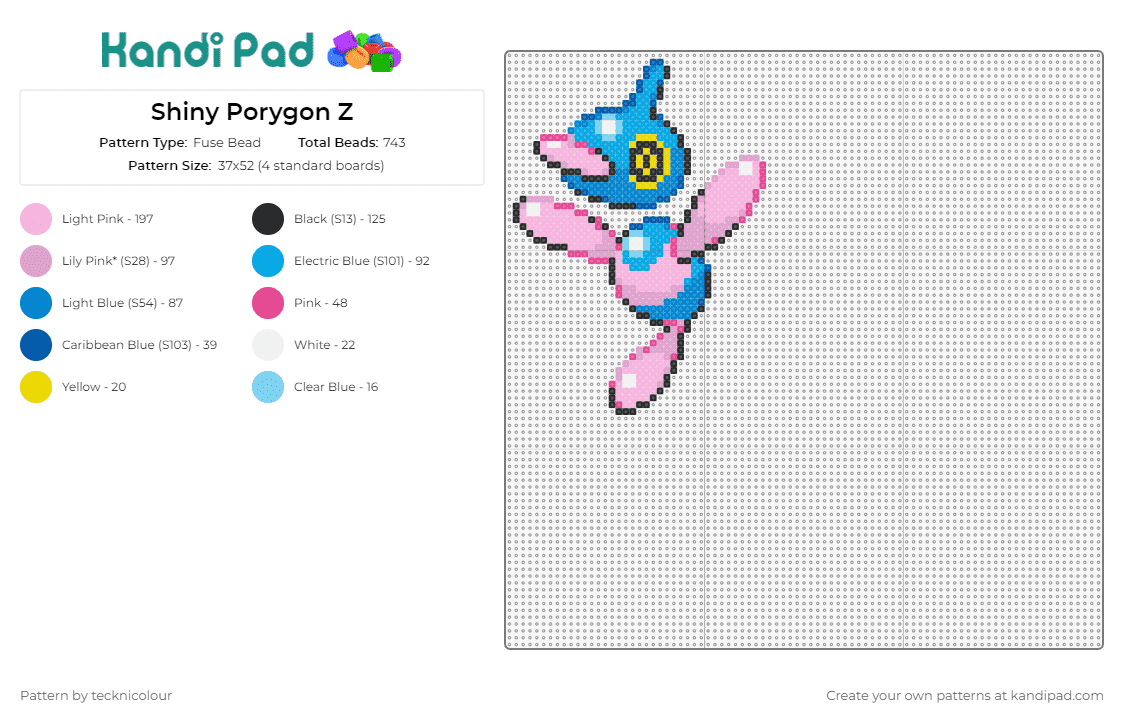 Shiny Porygon Z - Fuse Bead Pattern by tecknicolour on Kandi Pad - porygon,pokemon,shiny,gaming,character,creature,virtual,pink,blue