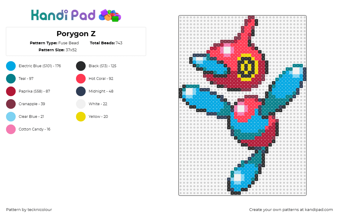 Porygon Z - Fuse Bead Pattern by tecknicolour on Kandi Pad - porygon,pokemon,gaming,character,creature,digital,virtual,red,blue