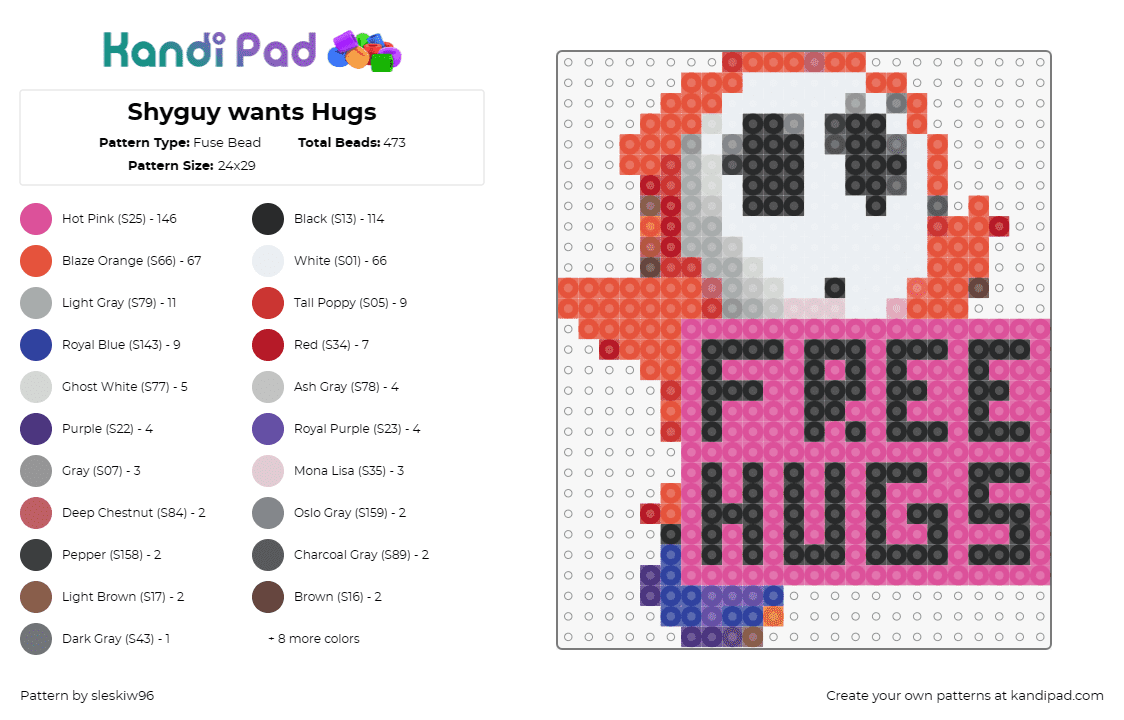 Shyguy wants Hugs - Fuse Bead Pattern by sleskiw96 on Kandi Pad - shy guy,sign,mario,nintendo,heartwarming,character,message,red,pink