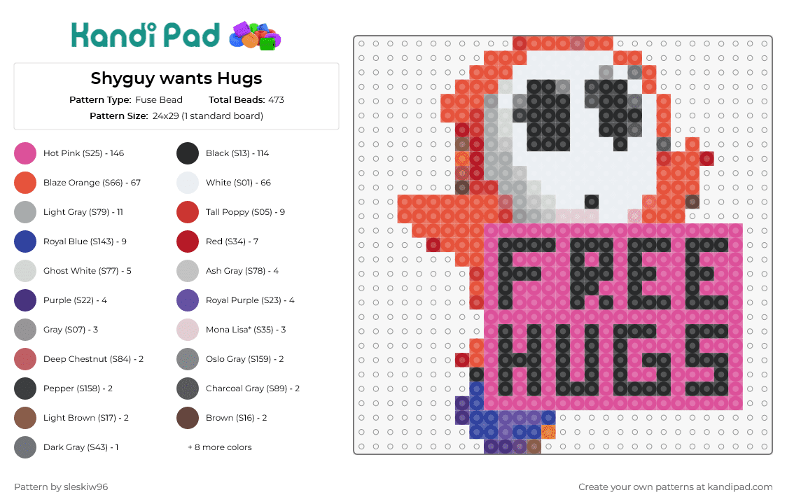 Shyguy wants Hugs - Fuse Bead Pattern by sleskiw96 on Kandi Pad - shy guy,sign,mario,nintendo,heartwarming,endearing,character,welcoming,message,red,pink