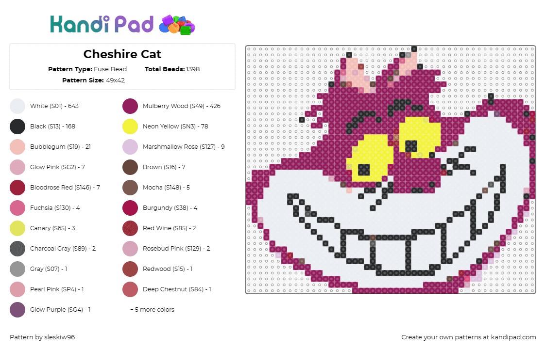 Cheshire Cat Fuse Bead Pattern - Kandi Pad | Kandi Patterns, Fuse Bead ...