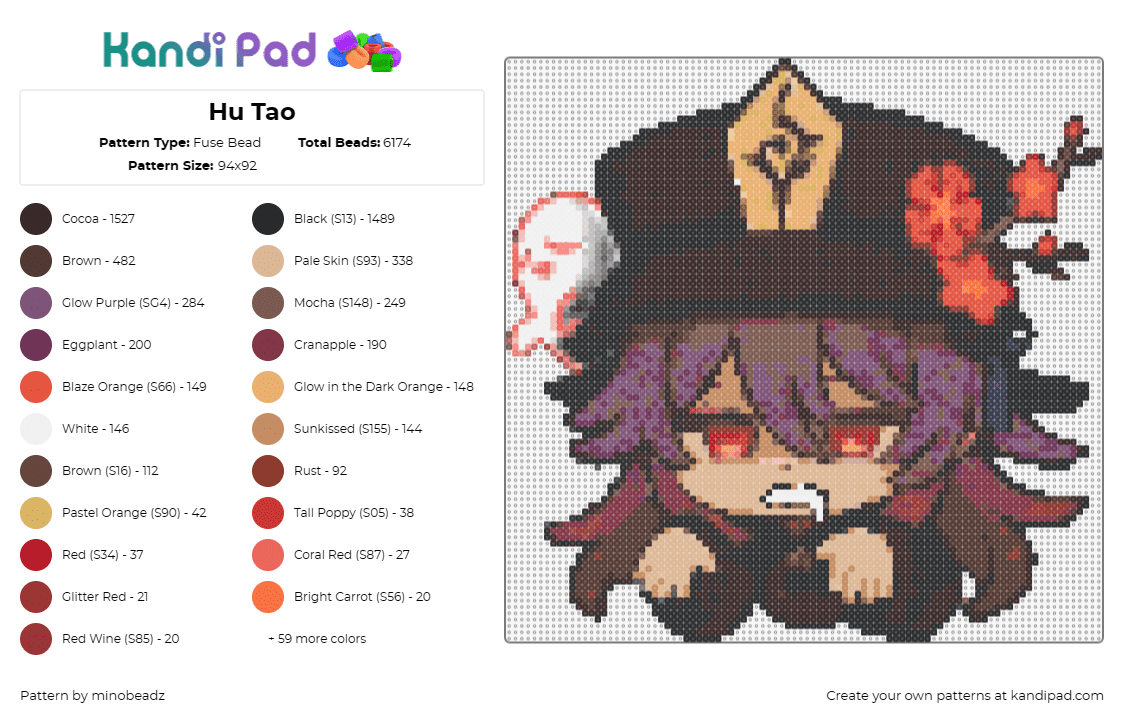 Hu Tao - Fuse Bead Pattern by minobeadz on Kandi Pad - hu tao,genshin impact,character,game