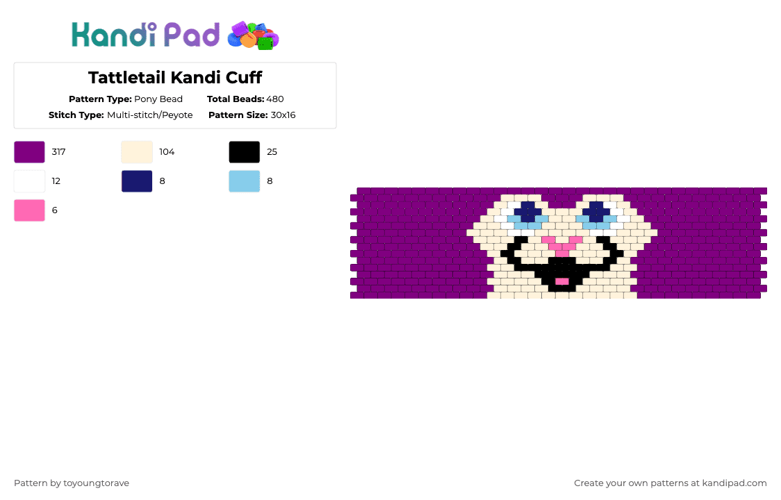 Tattletail Kandi Cuff - Pony Bead Pattern by toyoungtorave on Kandi Pad - pink