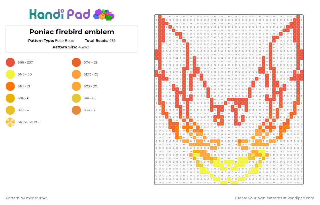 Poniac firebird emblem - Fuse Bead Pattern by monst3rr4t on Kandi Pad - red,poniac,firebird,emblem,car