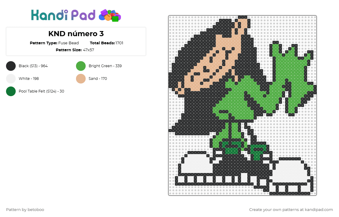 KND número 3 - Fuse Bead Pattern by betoboo on Kandi Pad - codename kids next door,knd,number three,character,cartoon,tv show,nostalgia,cartoon network,animation,black,beige,green