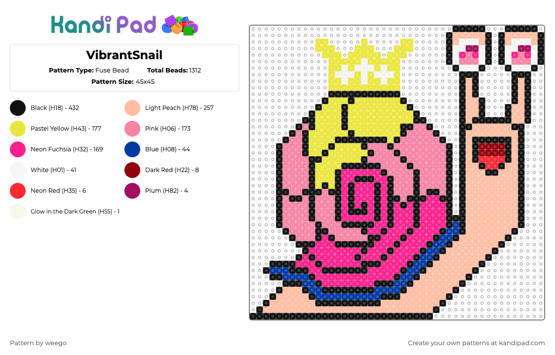 VibrantSnail - Fuse Bead Pattern by weego on Kandi Pad - snail,crown,royalty,emu otori,project sekai,anime,shell,animal,beige,pink,yellow,cotdsnails