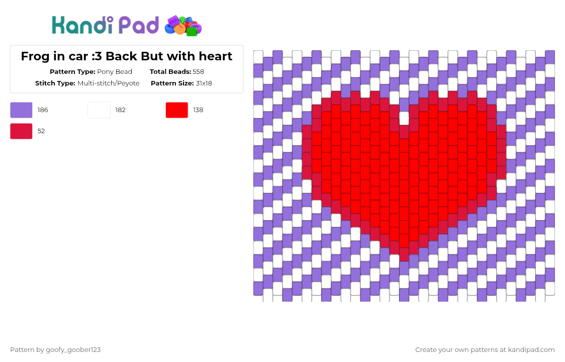 Frog in car :3 Back But with heart - Pony Bead Pattern by goofy_goober123 on Kandi Pad - red,purple