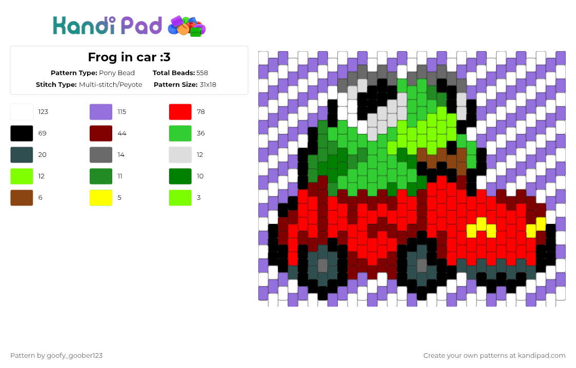 Frog in car :3 - Pony Bead Pattern by goofy_goober123 on Kandi Pad - green,red,purple