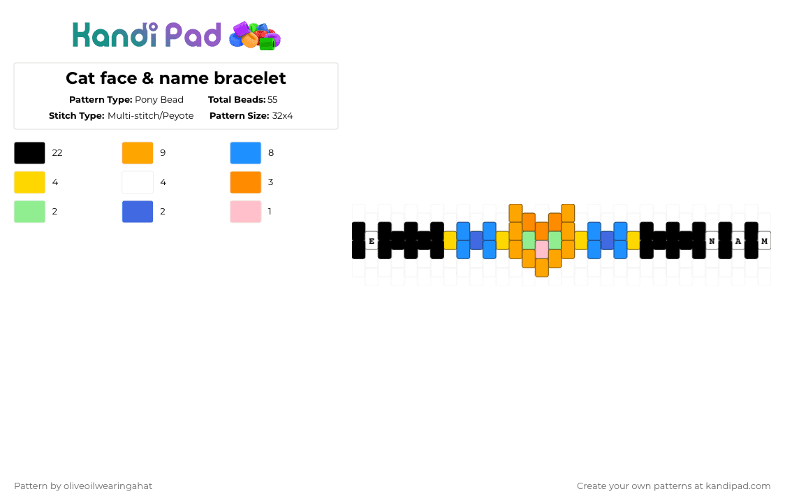 Cat face & name bracelet - Pony Bead Pattern by oliveoilwearingahat on Kandi Pad - orange,light blue,cat,bracelet,cat face,pet,pets,pet cat,pet name,cat bracelet