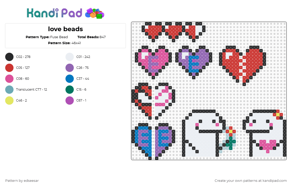 love beads - Fuse Bead Pattern by edseesar on Kandi Pad - love,hearts,valentine,affection,holiday,white,red,pink
