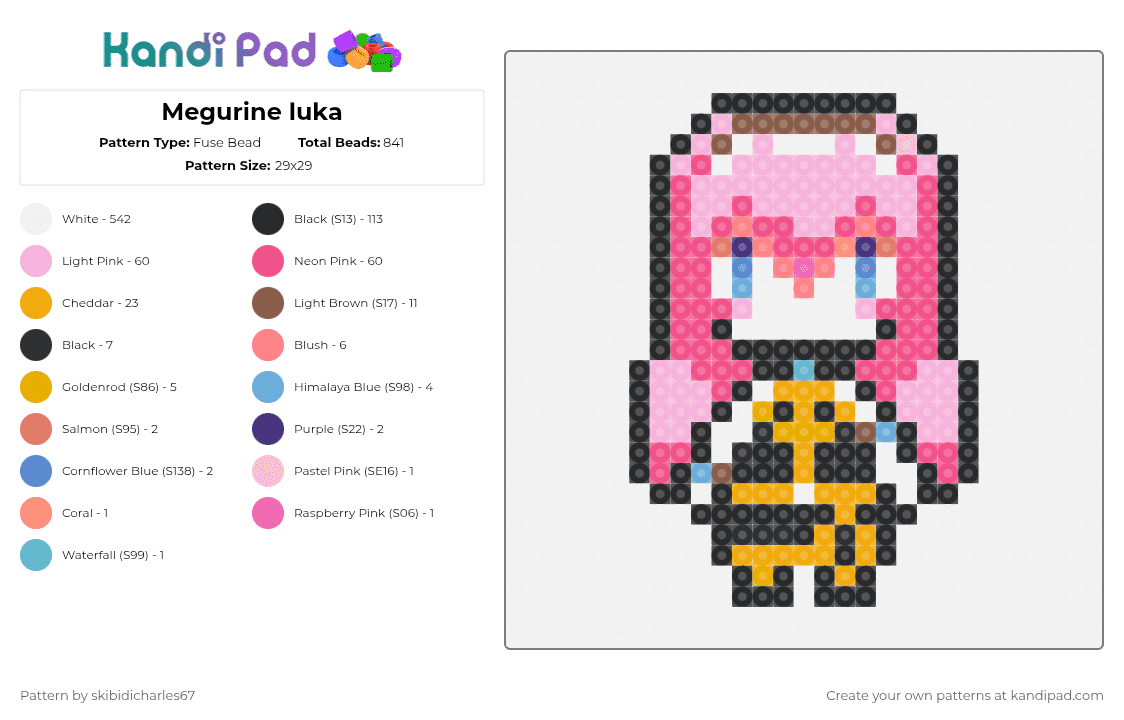 Megurine luka - Fuse Bead Pattern by skibidicharles67 on Kandi Pad - white,pink,orange