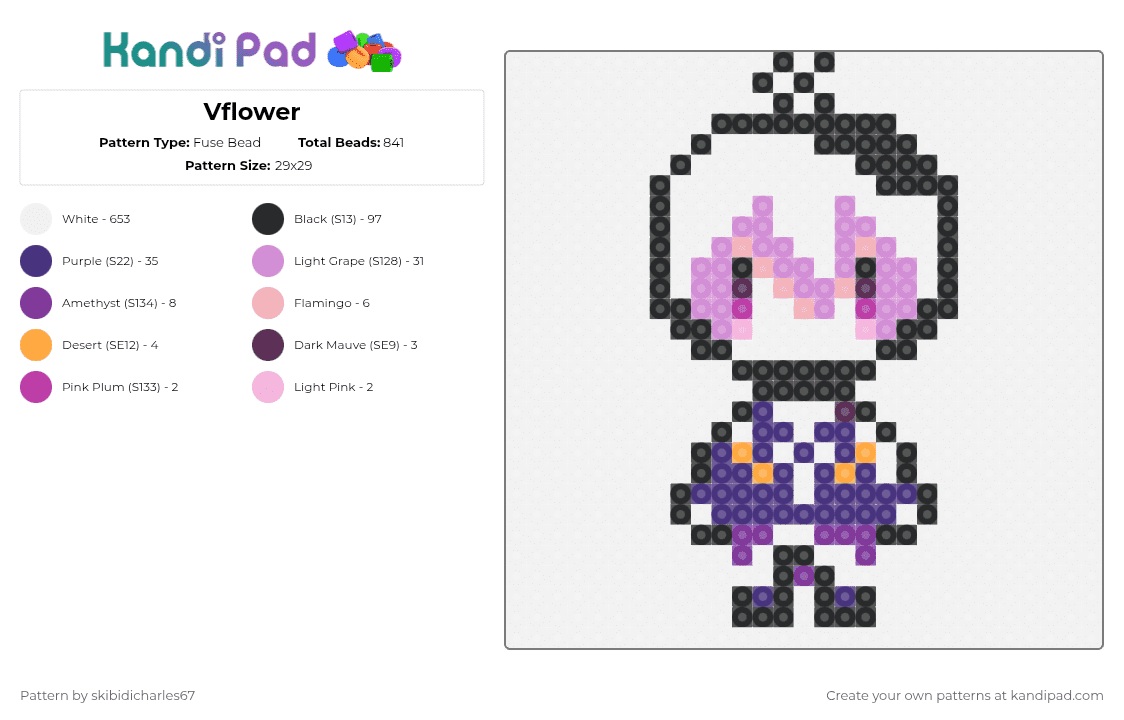 Vflower - Fuse Bead Pattern by skibidicharles67 on Kandi Pad - white,pink,purple